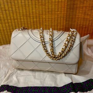 NWT Tory Burch Small Fleming Soft Convertible Leather Shoulder Bag-white